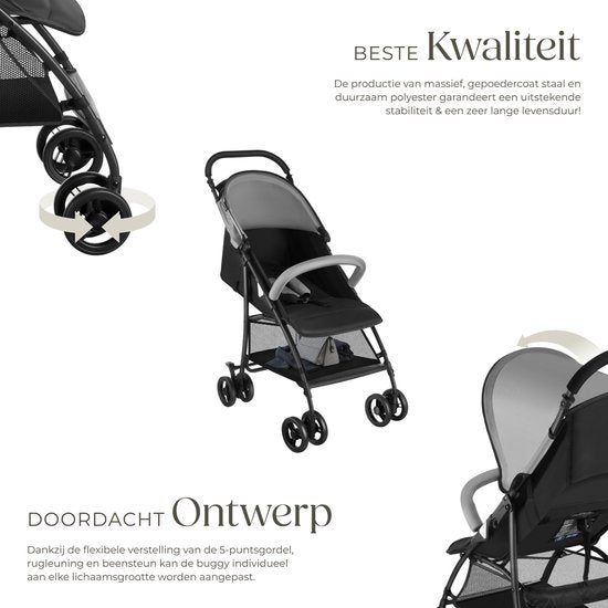 tectake® Buggy - Kinderwagen - Inklapbaar, 5-Puntsgordel, Verstelbare rugleuning en beensteun - Met rem, lichtlopende wielen - Praktische opbergmand - Zwart/grijs