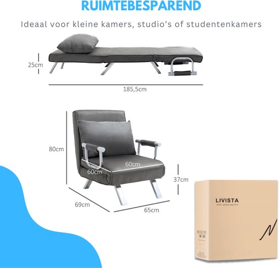 Livista 3-in-1 Uitklapbare Slaapstoel Belastbaar Tot 100 kg Grijs- Inklapbare Slaapbank Met Verstelbare Rugleuning - Modern Design Logeerbed - Slaapfauteuil