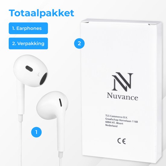 Nuvance - In-Ear Oordopjes met Draad - 3.5mm Jack - Wit Kunststof - Met Microfoon & In-Line Bediening - Helder Geluid & Comfortabele Pasvorm - Universeel Compatibel
