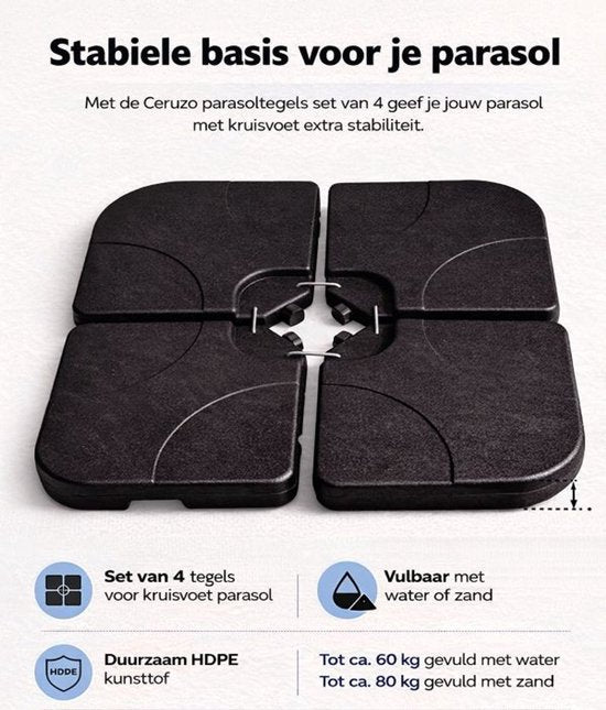 Ceruzo Parasoltegels Set van 4 – Vulbaar met Water of Zand – Tot 80 kg – Voor Kruisvoet