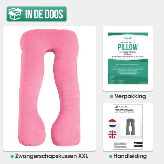 Avalo Zwangerschapskussen XXL 280 cm - U-Vorm Zijslaapkussen - Ergonomisch Body Pillow - Voedingskussen & Lichaamskussen voor Zwangere Vrouwen - Roze