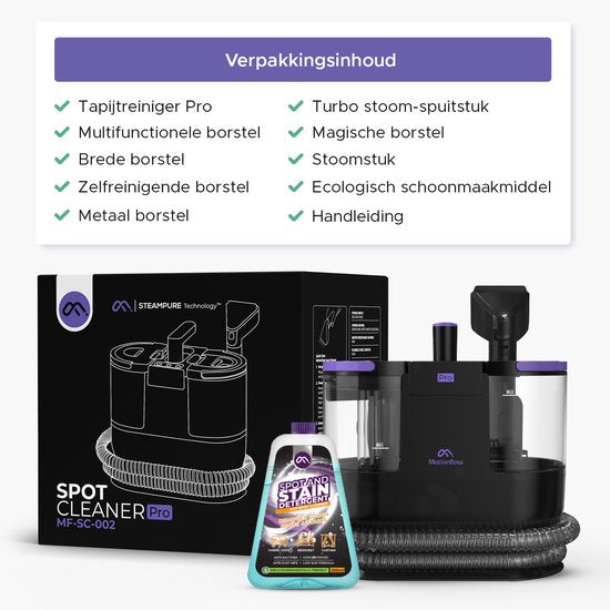 Motionflow Tapijtreiniger PRO – Stoomfunctie tot 100°C – 1700W - Zwart - Incl Opzetstukken