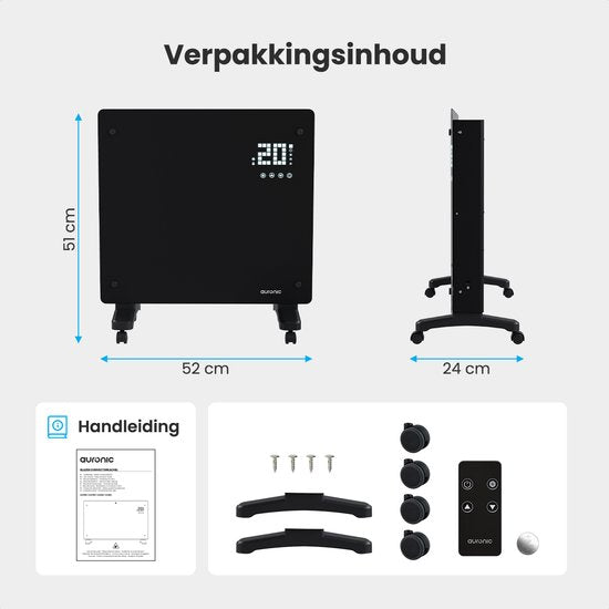 Auronic Elektrische Kachel – Convectorkachel Met Thermostaat en Afstandsbediening - Glazen Paneelverwarming - 1000W Heater - Zwart