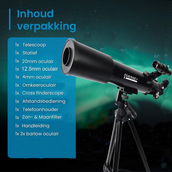 ODESSEY Refractor Telescoop - 250 X Zoom - Sterrenkijker - Telescoop Kinderen & Volwassenen - Sterrenkijker voor Kinderen - Sterrenkijker Telescoop