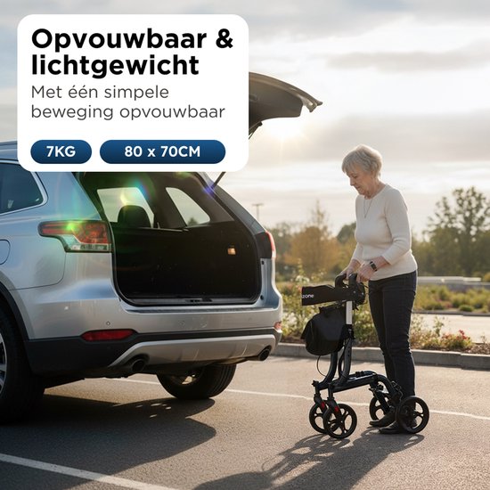 Medzone Rollator Lichtgewicht en Opvouwbaar - Binnen en Buiten - Zitfunctie - Rugleuning en Wandelstok Houder - Zwart