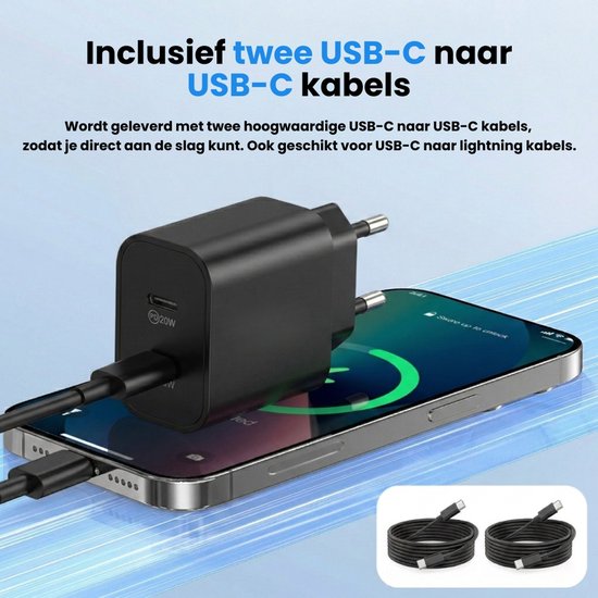 Faas USB C Oplader - Snellader - 40W - 2x 20W Poort - 2 kabels - 1.5 meter - USB C Kabel - USB C naar USB C - Zwart