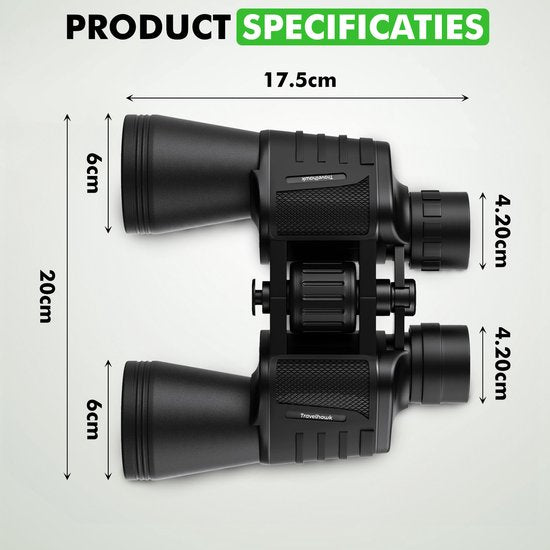 Travelhawk Verrekijker - 20x50 - BAK4 - Full Multi-Coated (FMC) - Compacte verrekijker - Waterdicht - Met nekkoord, draagtas - voor vogels kijken, jagen, theater - Zwart