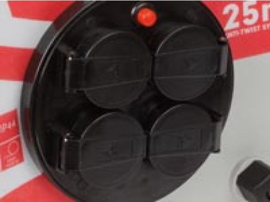 Perel Professionele kabelhaspel, gebruik binnen- en buitenshuis, spatwaterdicht (IP44), 4 stopcontacten met penaarde, anti-twist-systeem, thermische beveiliging, kabellengte 25 m, 3G2.5, grijs/zwart