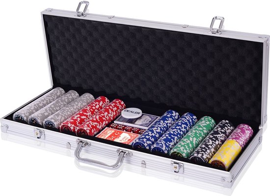 Coast Pokerset met Fiches & Speelkaarten & Dobbelstenen - Zilver