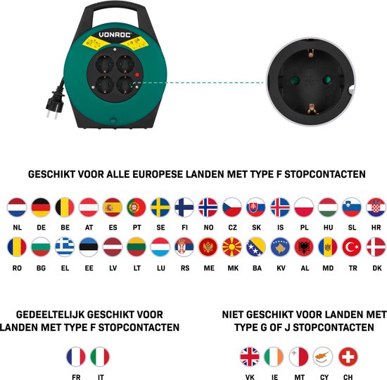VONROC Kabelhaspel 10m – IP20 – PVC Kabel H05VV-F 3G1.5mm² – 4 geaarde Schuko stopcontacten – 3200W (uitgerold)/1100W (opgerold) - Thermische beveiliging