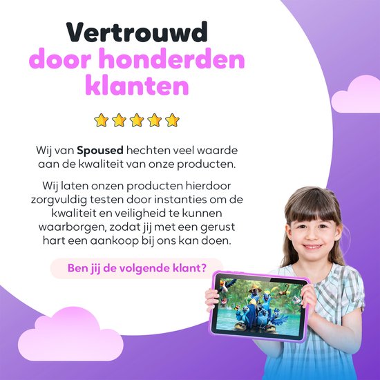 Spoused Kindertablet – 10.1 Inch – Kindertablet vanaf 3 jaar – 64GB – 4GB RAM– 6000 mAh Batterij - Incl. Beschermhoes & Ouder Control app – Paars