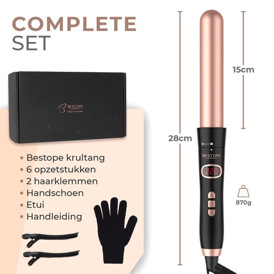 Bestope 6 in 1 Krultang met opzetstukken - Keramische Haarkruller - 13 tot 32mm - Rosé goud