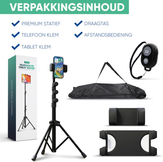 Serve Tablet Standaard - Tripod Houder Statief voor Smartphone & Tablet - Incl. Draagtas & Bluetooth Remote - iPad Tablethouder Lessenaar Aluminium - Zwart