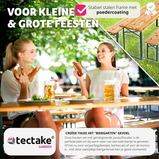 tectake® biertentenset met tafel en 2x bierbanken, met parasolhouder - biertentenset, balkonmeubilair met 1x klaptafel en 2x bierbanken, opvouwbaar, 170 x 46 x 78 cm, gelakt