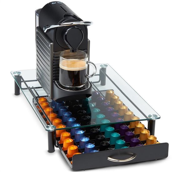 KitchenBrothers Capsulehouder - met Lade - Nespresso - 60 Cups - Glas - RVS/Zwart