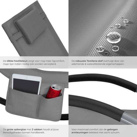 tectake® Ligstoel Taya - Ergonomisch Ligbed voor Tuin, Terras, Balkon - Relaxstoel met Schommelfunctie - Tuinstoel met Comfortabele Armleuningen, Hoofdsteun en Opbergvak - Weerbestendig en Waterafstotend - 120kg Draagkracht - Grijs