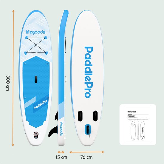 LifeGoods SUP Board Allround Compact - Met Zitje - 100 KG Draagkracht - 300 x 76 cm - Opblaasbaar - Compleet SUP pakket - Sky Blue