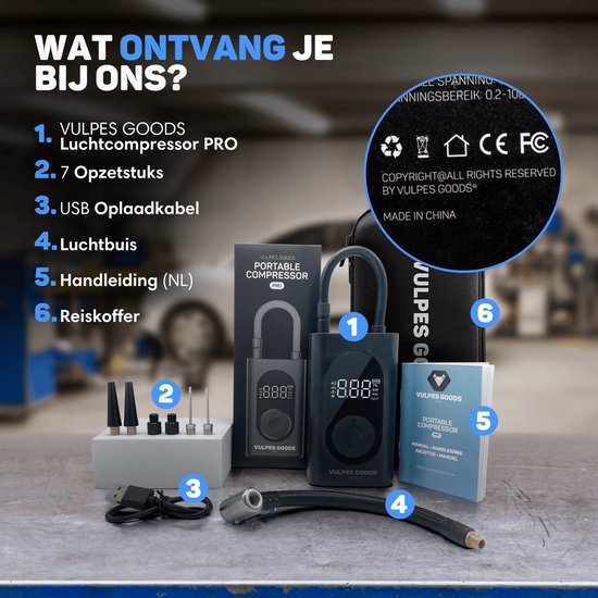 Vulpes Goods® Tech - Draagbare Compressor Bandenpomp - 6400mAh - Elektrische Fietspomp - Luchtcompressor voor Auto, Scooter, Fiets, Bal en Luchtbed - Incl. 7 opzetstukken - Zaklamp - Powerbank - Reiskoffer - PRO
