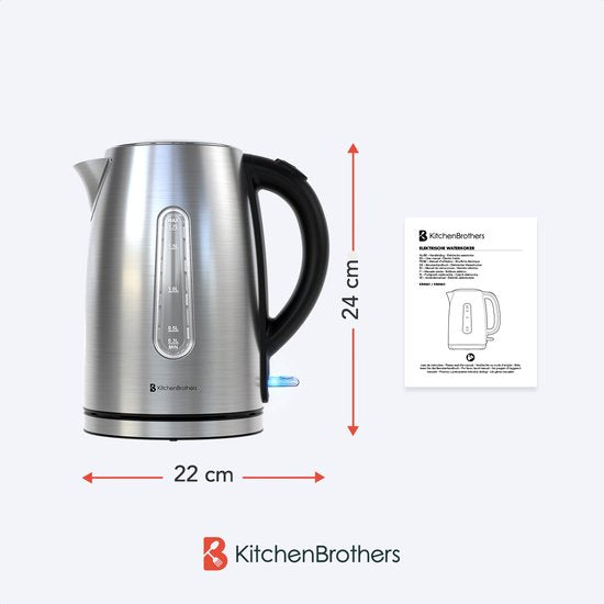 KitchenBrothers Waterkoker - Elektrisch - 1,7L - 2200W - RVS Waterkoker - Zilver/RVS