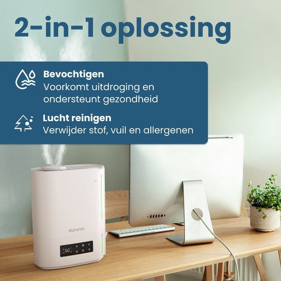 Auronic Luchtbevochtiger - 5 Liter - Geschikt voor Woonkamer, Kantoor, Slaapkamer, Babykamer en Meer - BPA-Vrij - Wit
