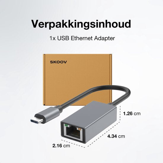 Skoov Ethernet Adapter USB C kabel - USB C naar Ethernet - Internet - Netwerk adapter - 1000 Mbps - Gigabit
