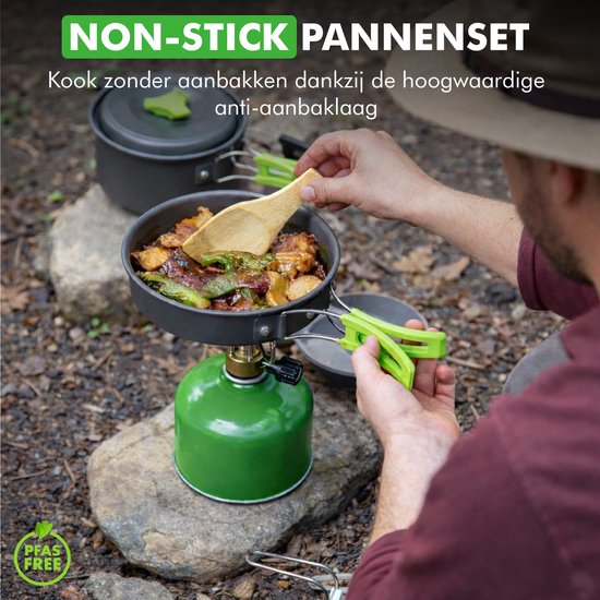 Travelhawk Camping kookgerei set - Pannenset - Aluminium - 8 delig - Camping Pannenset - Inclusief Spons, Spatel, Lepel, Kommen en Handige Draagtas