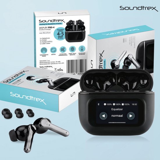 Soundtrex Display Draadloze Oordopjes - Bluetooth Oordopjes – Oortjes draadloos - Active Noise Cancelling - LED Display - Bluetooth 5.3 – Zwart