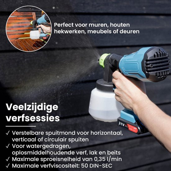 QLT Verfspuit op Accu voor Watergedragen en Oplosmiddelhoudende Verf, Lak en Beits - Airbrush met verstelbare Spuitmond – Verfpistool – 800ML