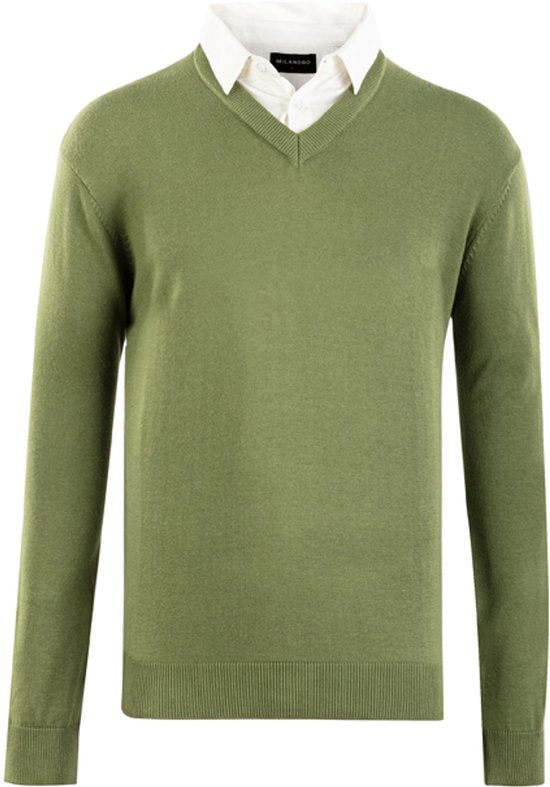 Milanoro - Herenpullover met overhemdkraag - Olijfgroen - M