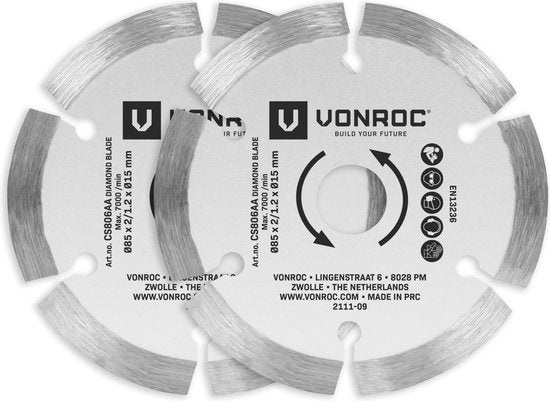 VONROC Diamant zaagbladen voor mini cirkel- en invalzagen – 85x15mm - 2 stuks cirkelzaagbladen – Voor steen en keramiek