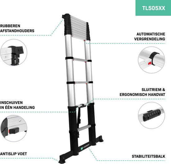 VONROC PRO Telescoopladder TL505XX – Voorzien Van Softclose Systeem En Rubberen Afstandhouders En Brede Dwarsbalk – Voor Onderhoud En Schoonmaak – Zilver Aluminium – 380 cm