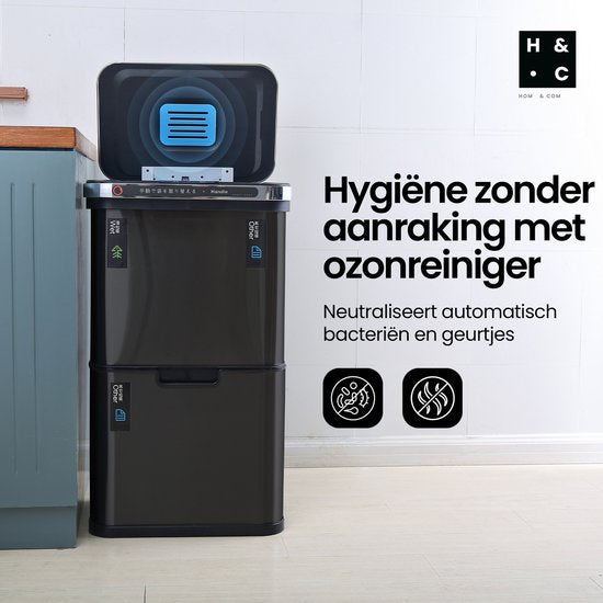 Hom&Com Prullenbak Met Sensor – Voorzien Van Automatische Sensorbediening En Ozonfunctie En Soft-close Deksel – Voor Keuken En Kantoor – Zwart Roestvrij Staal Rvs – Zestig Liter