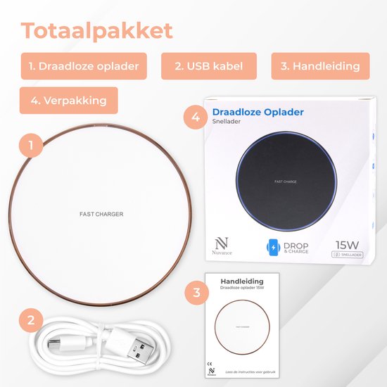 Nuvance - Draadloze Oplader 15W - Inclusief Kabel - Wireless Charger - Fast Charger - Geschikt voor alle Qi-Smartphones - Wit en Goud