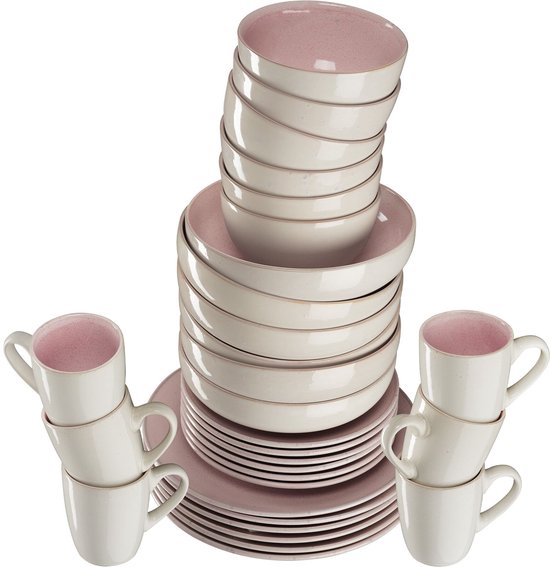 tectake® Serviesset Mare - 30-delig - Aardewerk met Glanzend Glazuur - 6 Persoons - Handgemaakt Servies - Moderne Bordenset met Grote en Kleine Borden, Kommen, Schaaltjes en Kopjes - Vaatwasser- en Magnetronbestendig - Roze