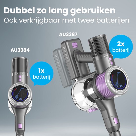 Auronic Steelstofzuiger - Draadloos - Zelfstaande Stofzuiger - Zonder Zak - 350W - Vacuum Cleaner - Grijs/Paars