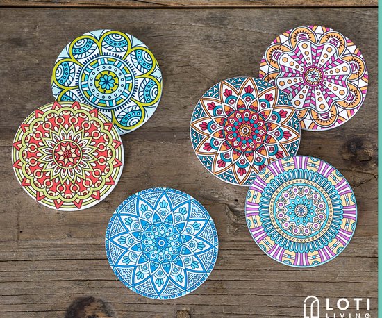 Loti Living Onderzetters met Houder – Onderzetters Design - Onderzetters Kurk – Onderzetters set - Onderzetters Voor Glazen – 6 stuks – Mandala Design
