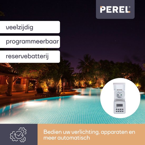 Perel Weektimer, digitaal, 230 V, 32 A, 3600 W, IP44, voor gebruik buitenshuis, Franse aarding type E, wit
