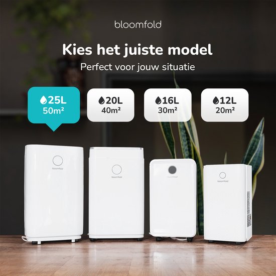 Bloomfold Luchtontvochtiger - 25L per Dag - Incl. Was-droog Functie - Geschikt voor Woonkamer, Slaapkamer, Kelder & Badkamer - Dehumidifier - Wit