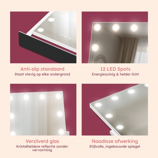 Fraay® Hollywood Spiegel met Verlichting 41x30cm - 3 Lichtstanden - Make Up Spiegel met 10x Vergrootspiegel - LED Spots Verlichting Dimbaar - Incl. Beauty Blenders en Powder puff
