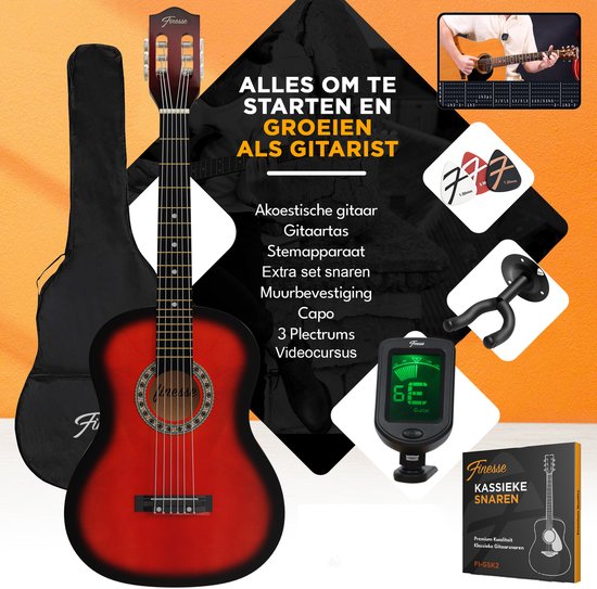 Finesse Akoestische Gitaar - met Videocursus - Nylon Snaren - Klassieke Gitaar - Gitaar Kind & Volwassenen