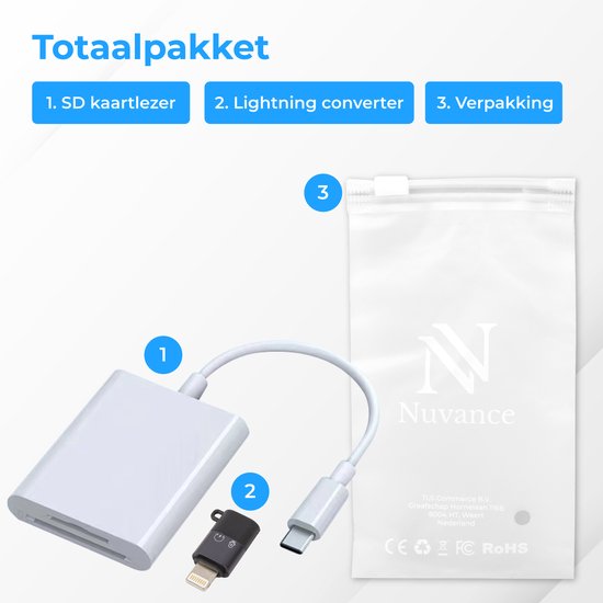 Nuvance - SD Kaart Lezer - SD Kaartlezer USB C - Card Reader - Lightning Adapter - Geheugenkaartlezer - Micro SD Adaper - SD Kaartlezer - Cardreaders - Micro SD Kaart Lezer