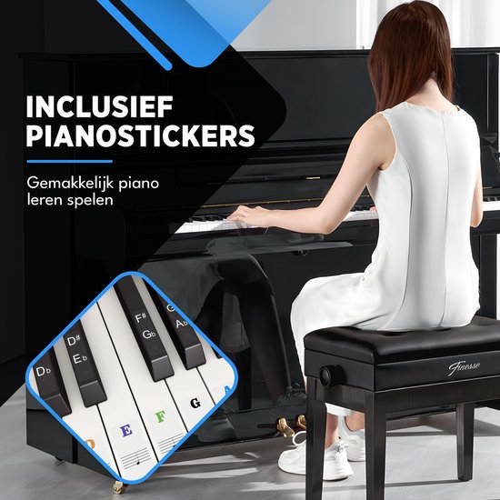 Finesse Premium Pianobank - Hoogte Verstelbaar - met Opbergruimte - Zacht Kussen - Pianokruk - Pianostoel - Zwart