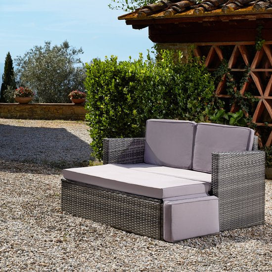 tectake® Wicker loungebank - Met voetenbank - Voor 2 personen - Loungebank met zit- en rugkussens - Weerbestendig - Ideaal voor terras, serren en balkon - Afmeting bank (LxBxH) 119 x 64,5 x 71,5 cm - Natuur