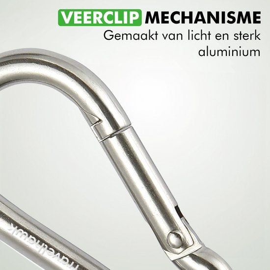 Travelhawk Karabijnhaak - Musketonhaak met Veerclip - Karabijnhaak Sleutelhanger - 4 Stuks - RVS - Zilver