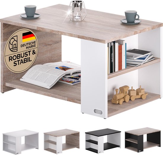 CASARIA Salontafel Opbergvakken – Krasbestendig 90x59x48cm – Wit Eik