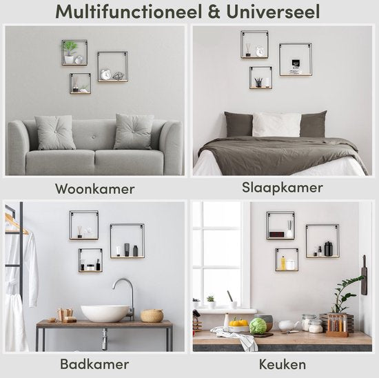 Happy Goods® Wandrek Industrieel - Set van 3 - Vierkant Wandrek - Zwart - Wandrekken
