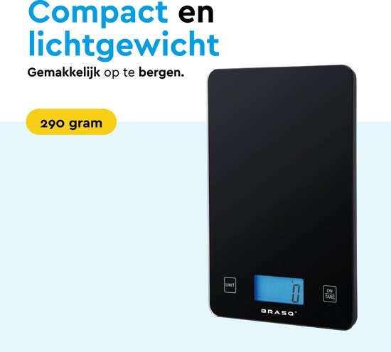 BRASQ Digitale keukenweegschaal Zwart - Inclusief batterijen - Weegschaal Keuken met Tarra-functie - Weegvermogen 10 KG - Precisie Weegschaal