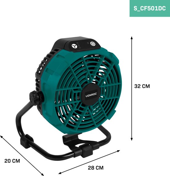 VONROC Ventilator 20V - voor draadloos en bedraad gebruik - Incl. netstroom adapter - Incl. 20V – 2.0Ah accu en snellader