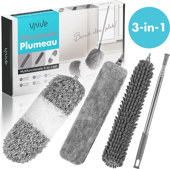 VAIVE Plumeau uitschuifbaar tot 280 cm - Ragebol met Telescoopsteel - Duster - Stoffer - Wasbaar en Draaibaar – 3 Opzetstukken