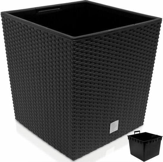 Prosperplast Bloempot/plantenpot Rato - rotan look - met binnenpot - antraciet - 40 x 40 x 41 cm - kunststof